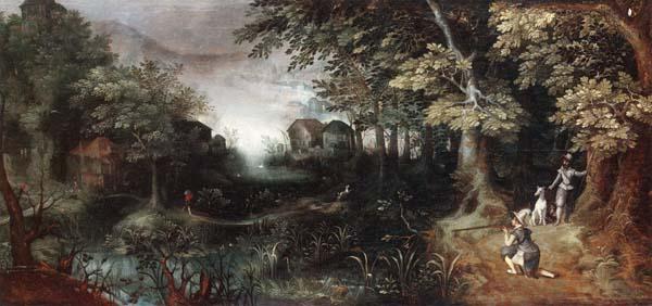 Claes Dircksz.van er heck A wooded landscape with huntsmen in the foreground,a town beyond oil painting image